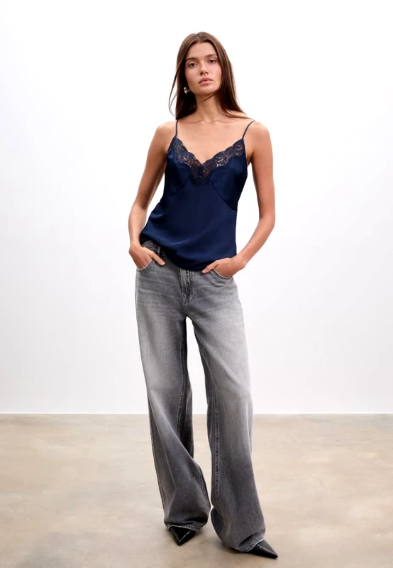 Stradivarius Stradivarius Σατινέ Τοπ Με Δαντέλα Σκούρο Μπλε M