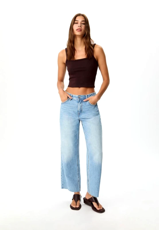 Stradivarius Stradivarius D96 Cropped Τζιν Σε Ίσια Γραμμή Μπλε Μεσαίας Απόχρωσης 42