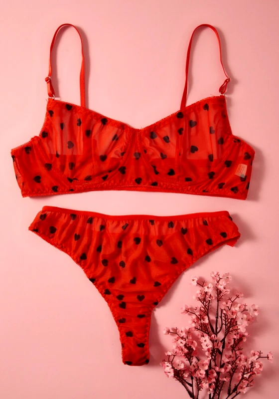 Sweetvibes Σετ σουτιέν διάφανο με καρδούλες και string κιλοτάκι - Κόκκινο