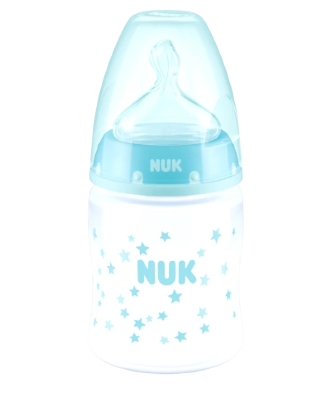 Nuk Nuk μπιμπερό First Choice+ 0-6M Θηλή Σιλικόνης Γαλάζιο, Αστεράκια 150ml