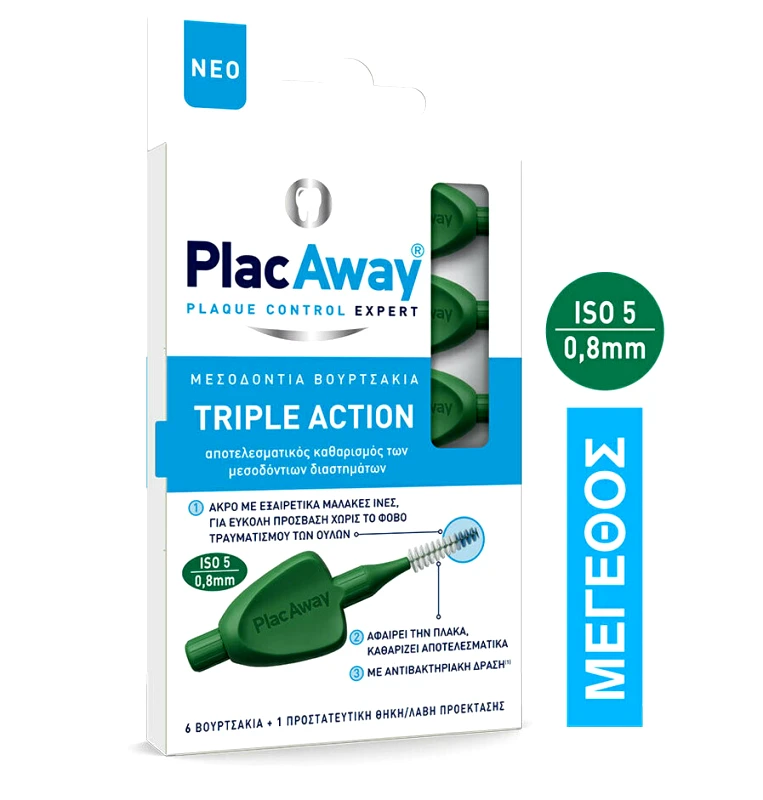 PlacAway Plac Away Μεσοδόντια Βουρτσάκια Triple Action 0.8 mm IS0 5 Πράσινο 6 τμχ