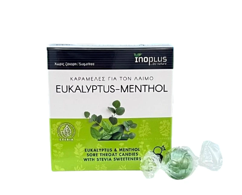 Inoplus Inoplus Eukalyptus & Menthol Καραμέλες για τον Λαιμό Χωρίς Ζάχαρη με Ευκάλυπτο & Μενθόλη 50gr