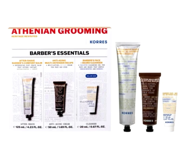 Korres Korres Athenian Grooming Barber's Essentials, Αναζωογονητικό Balm Προσώπου για Μετά το Ξύρισμα 125ml & Αντιγηραντική Κρέμα Προσώπου + Ματιών 50ml & Δροσιστικό Gel Καθαρισμού για Πρόσωπο + Γένια 20ml