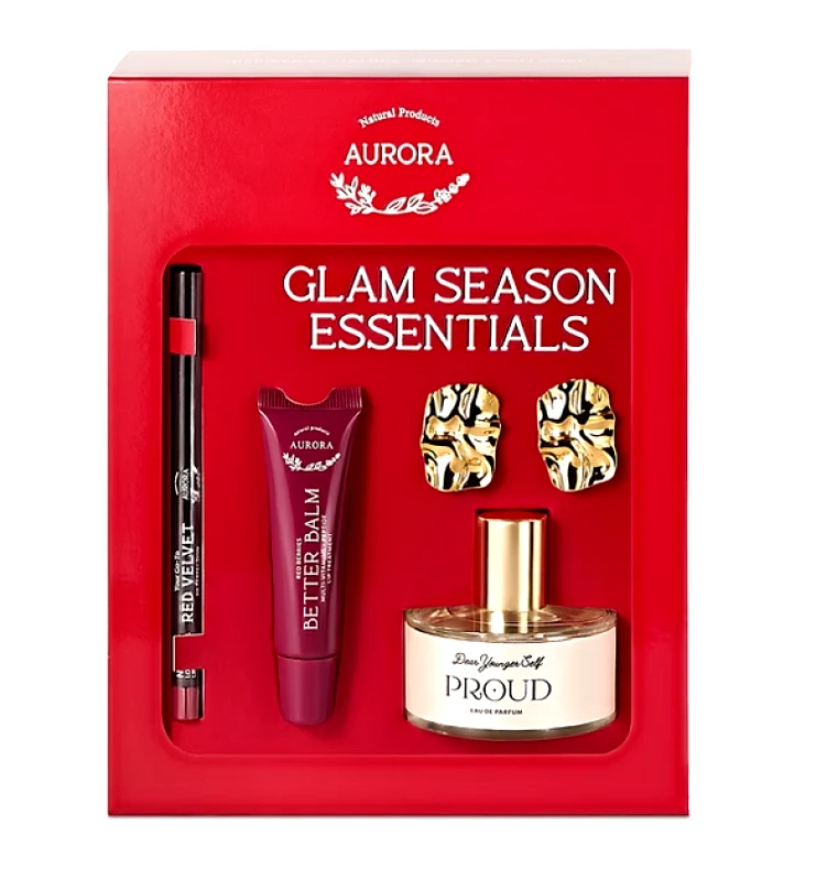 Aurora Natural Products Aurora Glam Season Essentials Σετ με Red Velvet Lip Pencil, 1τμχ & Better Balm Red Berries, 10ml & Άρωμα Dear Younger Self Proud, 50ml & Χρυσά Σκουλαρίκια, 1 Ζευγάρι