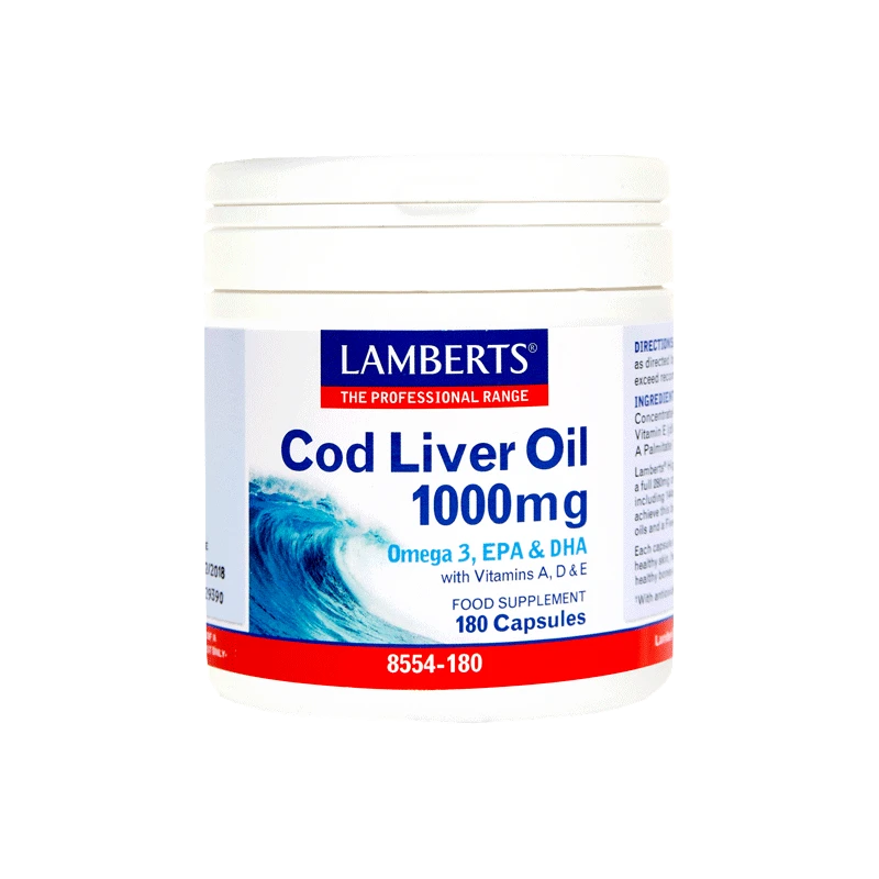 Lamberts Lamberts Cod Liver Oil 1000mg, Μουρουνέλαιο με Ω-3 Λιπαρά Οξέα και Βιταμίνες A,D,E 180 Κάψουλες