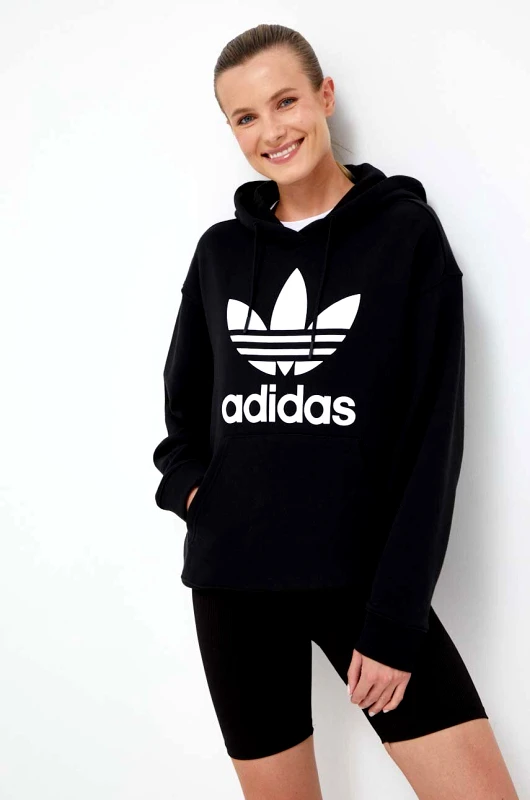 adidas Originals Βαμβακερή μπλούζα adidas Originals γυναικεία, χρώμα: μαύρο, με κουκούλα