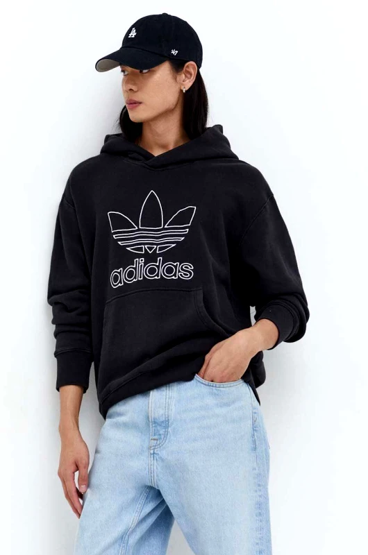 adidas Originals Βαμβακερή μπλούζα adidas Originals Trefoil Hoodie χρώμα: μαύρο, με κουκούλα, IU2373
