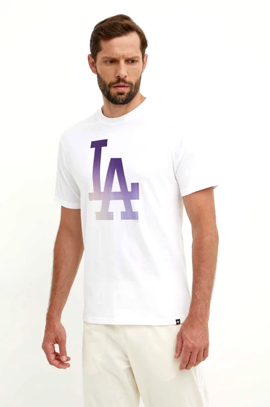 47 brand Βαμβακερό μπλουζάκι 47 brand MLB Los Angeles Dodgers ανδρικό, χρώμα: άσπρο, BB012TEMECH618800WW