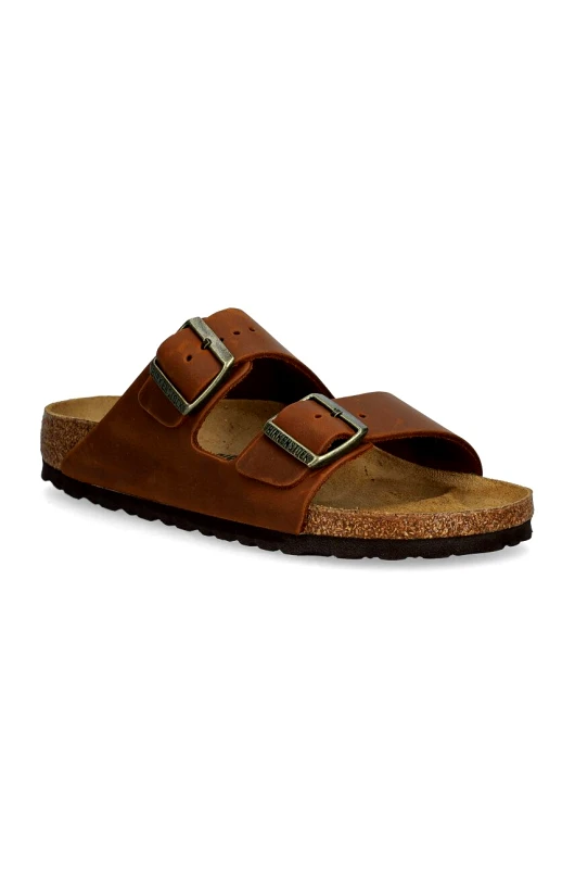 Birkenstock Δερμάτινες παντόφλες Birkenstock Arizona γυναικείες, χρώμα: καφέ, 1028401