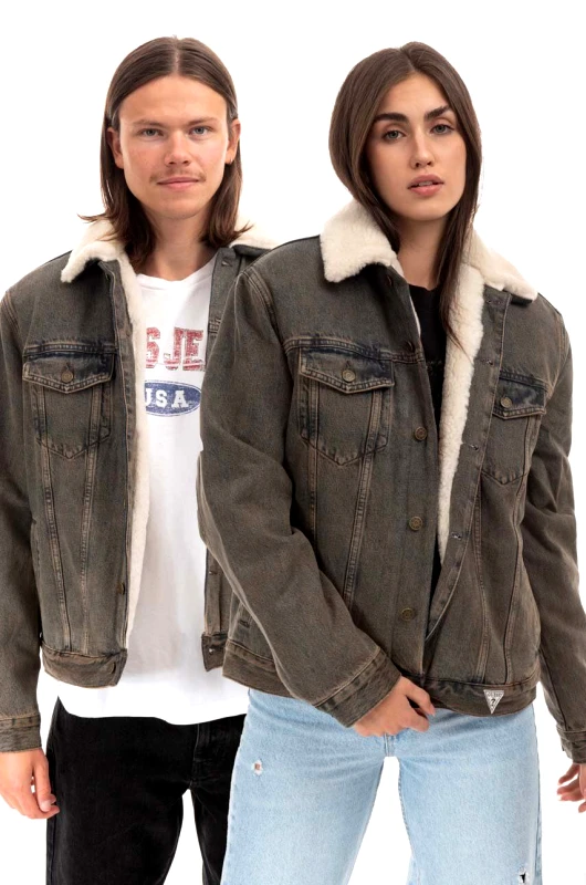 Guess U.S.A. Τζιν μπουφάν Guess ανδρικό, χρώμα: καφέ, Kurtka GUESS USA Gusa Tinted Sherpa Jacket M2BN01D4S10 F9JA