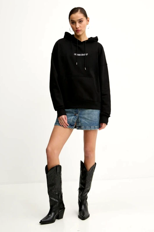 Guess Jeans Βαμβακερή μπλούζα Guess Jeans γυναικεία, χρώμα: μαύρο, με κουκούλα, W5RQ27 K68I4