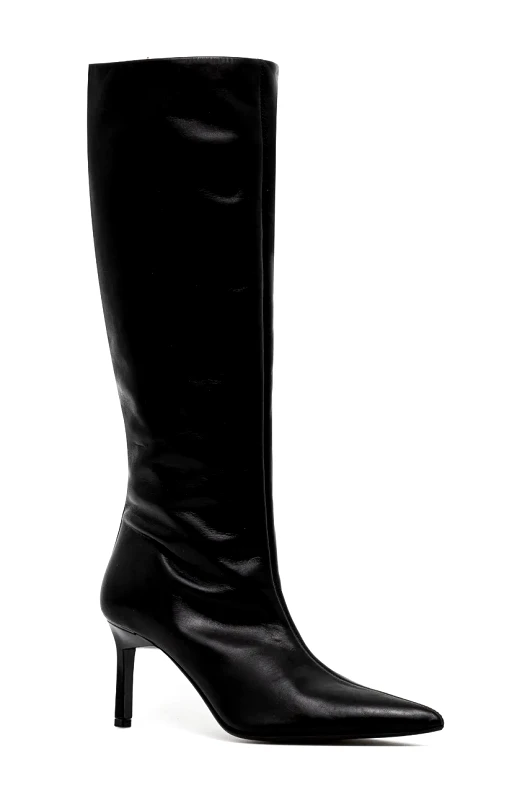 Calvin Klein Δερμάτινες μπότες Calvin Klein HEEL KNEE BOOT 70 LTH γυναικείες, χρώμα: μαύρο, HW0HW02162