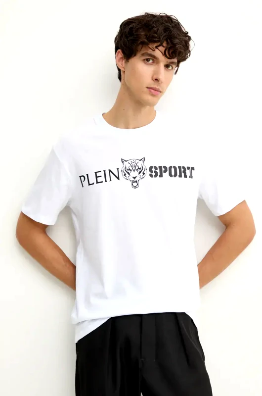 Plein Sport Βαμβακερό μπλουζάκι PLEIN SPORT ανδρικό, χρώμα: άσπρο, AADC MTK7197 SJY001N