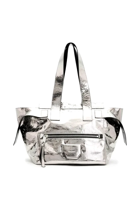AllSaints Δερμάτινη τσάντα AllSaints PEREZ SHOULDER χρώμα: ασημί, W392XB