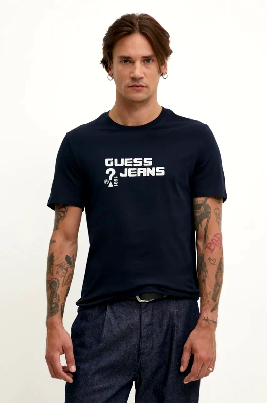 Guess Jeans Βαμβακερό μπλουζάκι Guess Jeans ανδρικό, χρώμα: ναυτικό μπλε, M4BI76 K8HM0