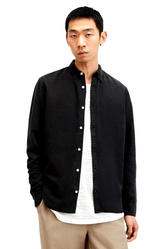 AllSaints Πουκάμισο με μείγμα από λινό AllSaints LAGUNA LS SHIRT χρώμα: μαύρο, M160SB