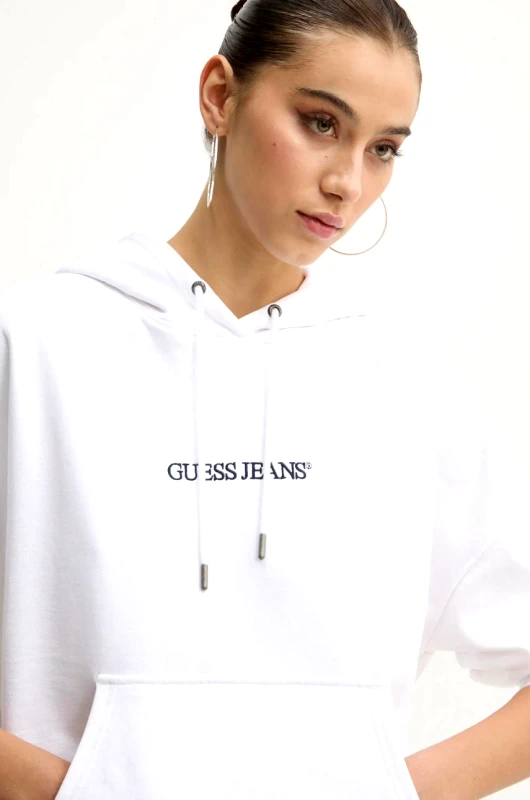 Guess Jeans Βαμβακερή μπλούζα Guess Jeans γυναικεία, χρώμα: άσπρο, με κουκούλα, W5RQ27 K68I4