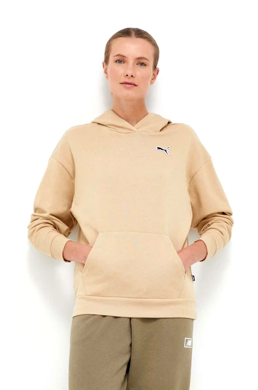 Puma Βαμβακερή φούτερ Puma BETTER ESSENTIALS γυναικεία χρώμα μπεζ με κουκούλα μονόχρωμη 675988