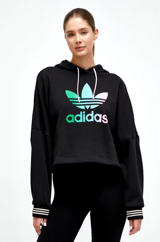 Βαμβακερή μπλούζα adidas Originals γυναικεία, χρώμα: μαύρο, με κουκούλα φωτογραφία