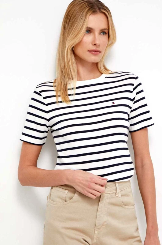 Βαμβακερό μπλουζάκι Tommy Hilfiger γυναικεία, χρώμα: μπεζ φωτογραφία