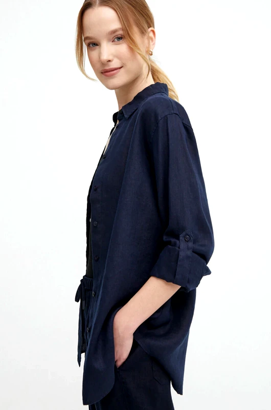 Lauren Ralph Lauren Πουκάμισο από λινό Lauren Ralph Lauren χρώμα: ναυτικό μπλε
