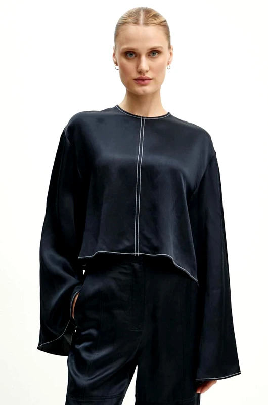 Day Birger et Mikkelsen Μπλούζα με μείγμα από λινό Day Birger et Mikkelsen Becky - High Shine Blend RD χρώμα: ναυτικό μπλε, DAY65243309