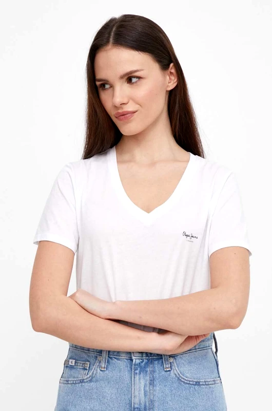 Pepe Jeans Βαμβακερό μπλουζάκι Pepe Jeans LORETTE V NECK γυναικεία, χρώμα: άσπρο PL505826