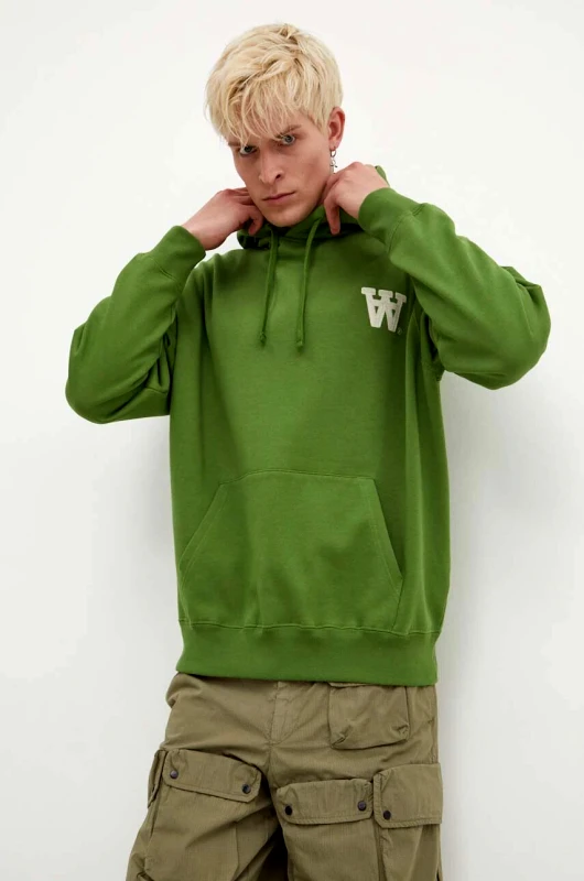 Wood Wood Βαμβακερή μπλούζα Wood Wood Cass AA Moss Embroidery Hoodie χρώμα: πράσινο, με κουκούλα, 10285606.2424