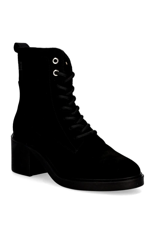 Σουέτ μπότες Tommy Hilfiger SUEDE MID HEEL LACEUP LOGOTAPE γυναικείες, χρώμα: μαύρο, FW0FW08090 φωτογραφία