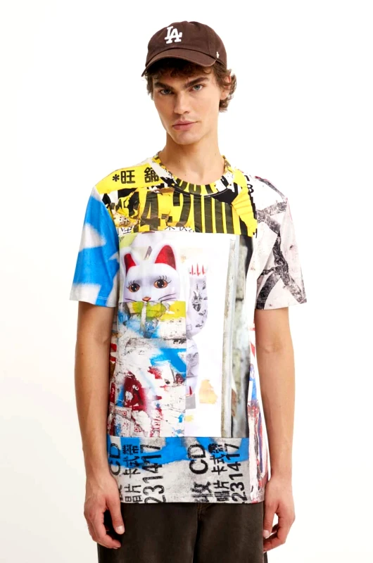 Desigual Βαμβακερό μπλουζάκι Desigual ASAF ανδρικό, χρώμα: μπεζ, 24WMTK13