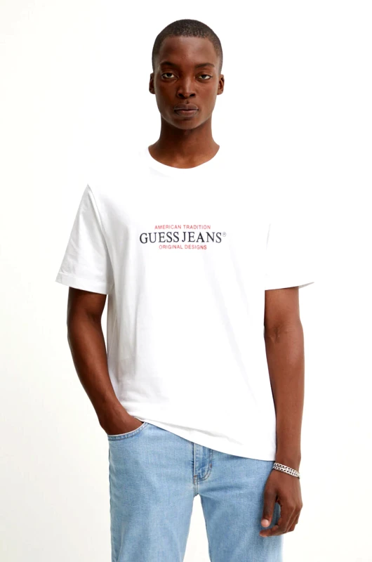 Guess Jeans Βαμβακερό μπλουζάκι Guess Jeans ανδρικό, χρώμα: άσπρο, M4YI42 K8FQ4