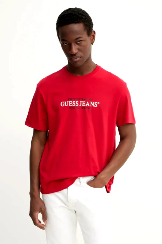 Guess Jeans Βαμβακερό μπλουζάκι Guess Jeans ανδρικό, χρώμα: κόκκινο, M4YI42 K8FQ4