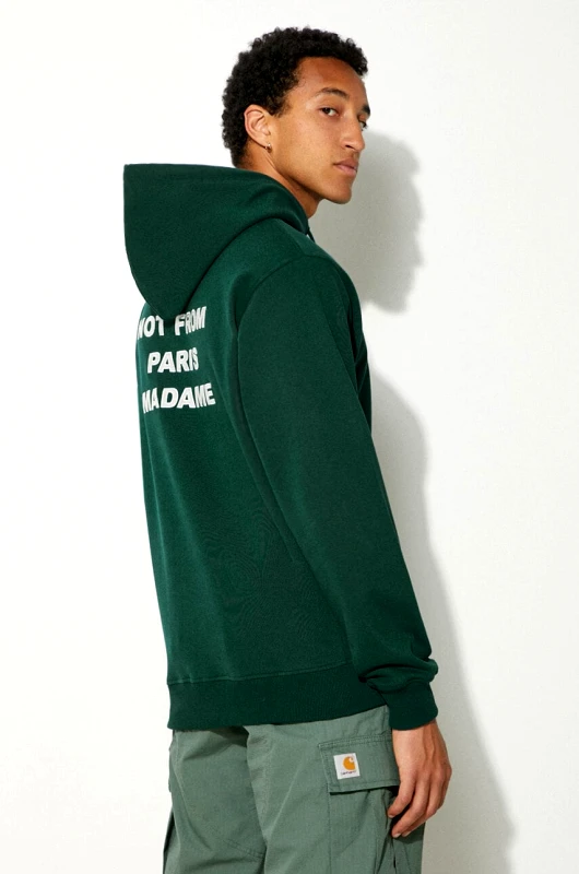 Drôle de Monsieur Βαμβακερή μπλούζα Drôle de Monsieur Le Hoodie Slogan χρώμα: πράσινο, με κουκούλα, PERM-HO162-CO127-DGN
