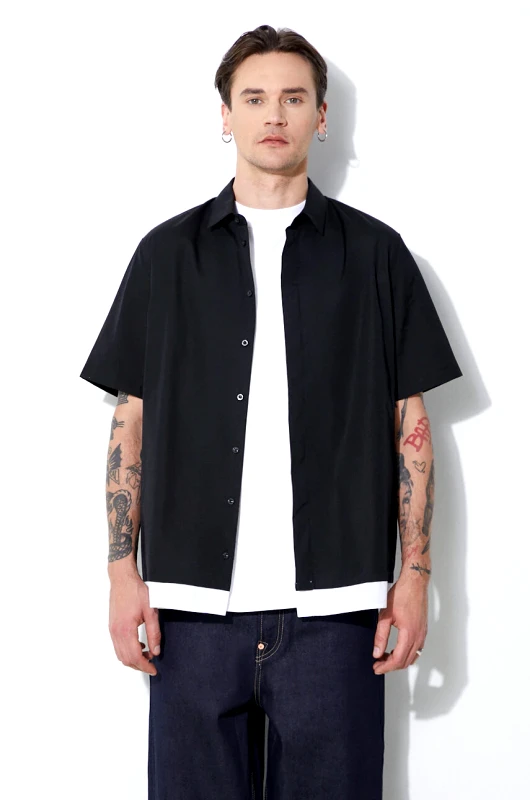 Neil Barrett Βαμβακερό πουκάμισο Neil Barrett Loose Double Layer Short Sleeve Shirt ανδρικό, χρώμα: μαύρο, MY60218C-Y051-524N