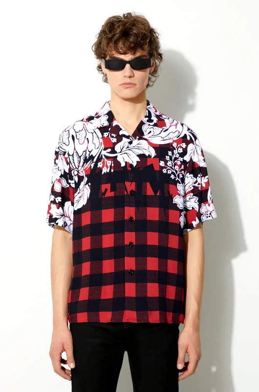 Neil Barrett Πουκάμισο Neil Barett LOOSE HAWAIIAN CHECK WITH BOLTS χρώμα: κόκκινο, PBCM186.V024.1495 F3PBCM186.V024.1495