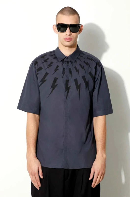 Neil Barrett Βαμβακερό πουκάμισο Neil Barrett LOOSE ROLLED UP FAIR-ISLE THUNDERBOLT ανδρικό, NBV6CM172A.V003S.037