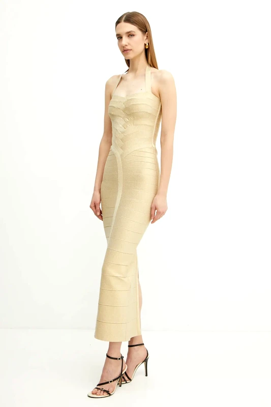 Herve Leger Φόρεμα Herve Leger Iris χρώμα: χρυσαφί, HLM8505780