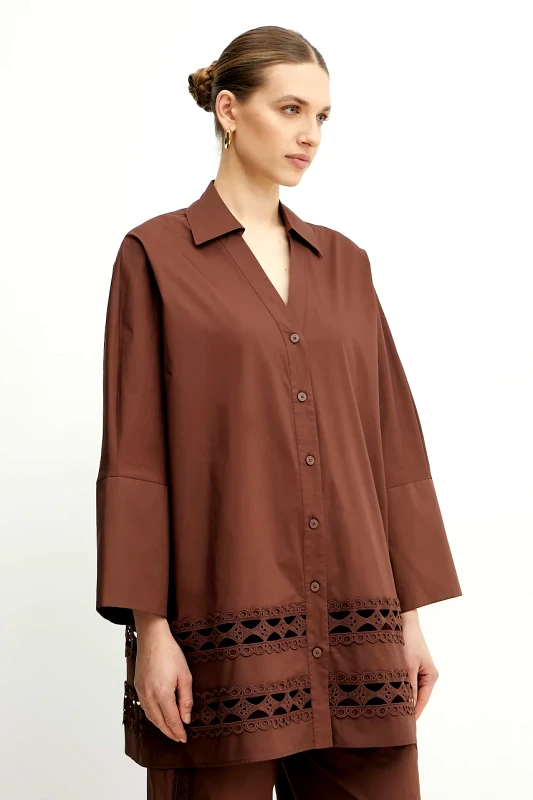 Twinset Βαμβακερό πουκάμισο Twinset χρώμα: καφέ, 251LB2KBB