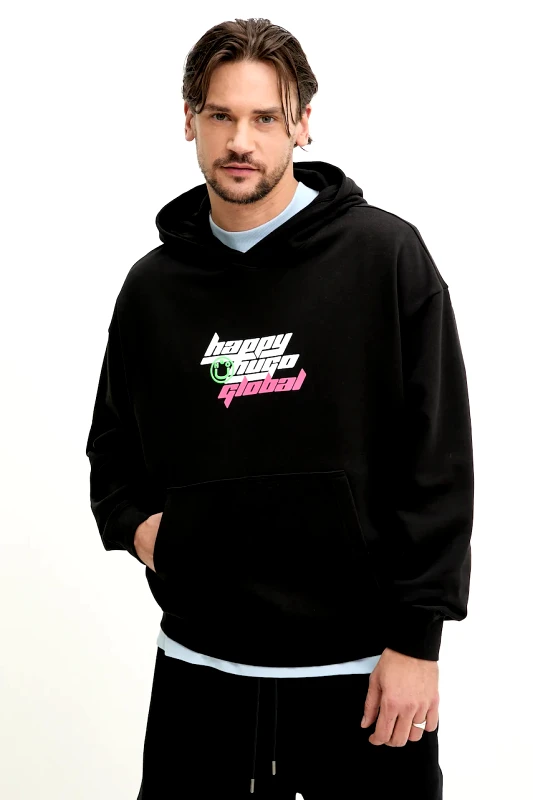 HUGO Blue Βαμβακερή μπλούζα Hugo Blue χρώμα: μαύρο, με κουκούλα, 50536113