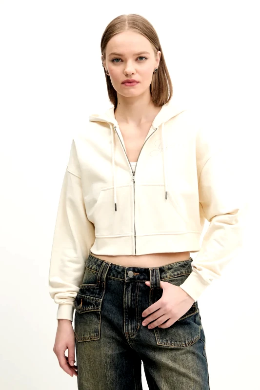 Guess Originals Βαμβακερή μπλούζα Guess Originals γυναικεία, χρώμα: μπεζ, με κουκούλα, W5RQ13 K68I1