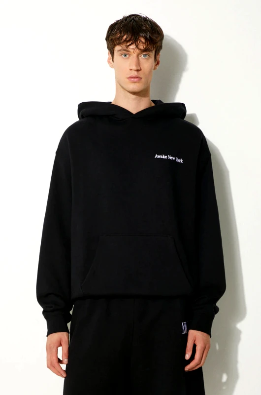 Awake NY Βαμβακερή μπλούζα Awake NY Serif Hoodie χρώμα: μαύρο, με κουκούλα, SP24-HD003