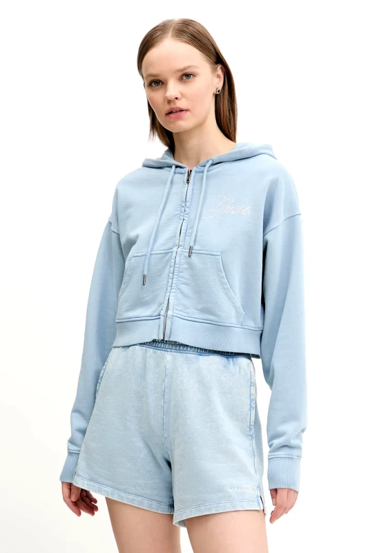 Guess Originals Βαμβακερή μπλούζα Guess Originals γυναικεία, χρώμα: μπλε, με κουκούλα, W5RQ13 K68I1