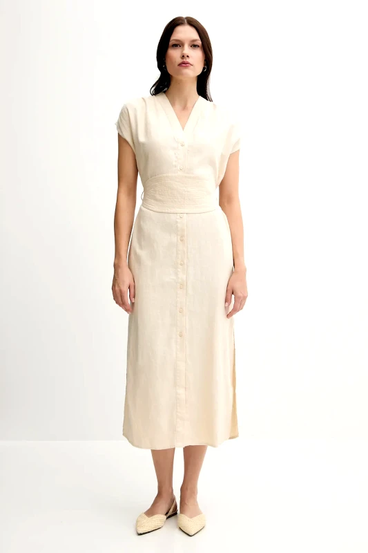 Pedro del Hierro Λινό φόρεμα Pedro del Hierro χρώμα: μπεζ, 3819821