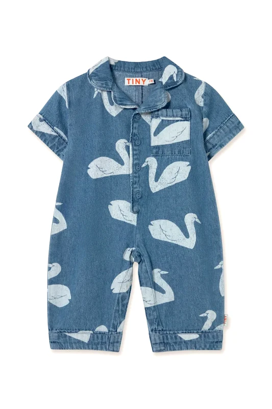 Tinycottons Βρεφικό ολόσωμο ντένιμ φορμάκι Tinycottons BIG SWANS BABY ONE-PIECE