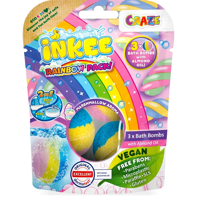 Craze Craze INKEE Rainbow Multipack αφρώδεις μπάλες για το μπάνιο με λάδι αμύγδαλου 3 τμχ