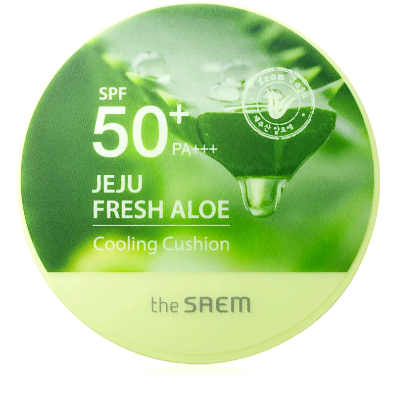 The Saem The Saem Jeju Fresh Aloe Cooling Cushion μακράς διαρκείας μεικ απ σε σφουγγαράκι SPF 50+ με καταπραϋντική δράση απόχρωση Natural Beige 12 γρ