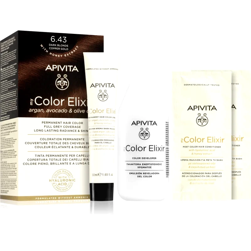 Apivita Apivita My Color Elixir βαφή μαλλιών χωρίς αμμωνία απόχρωση 6.43 Dark Blonde Copper Gold 1 τμχ