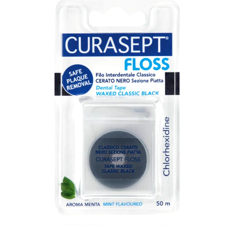 Curasept Curasept Dental Tape Waxed Classic Black κέρινη οδοντική ταινία με αντιβακτηριακό συστατικό Mint 50 μ