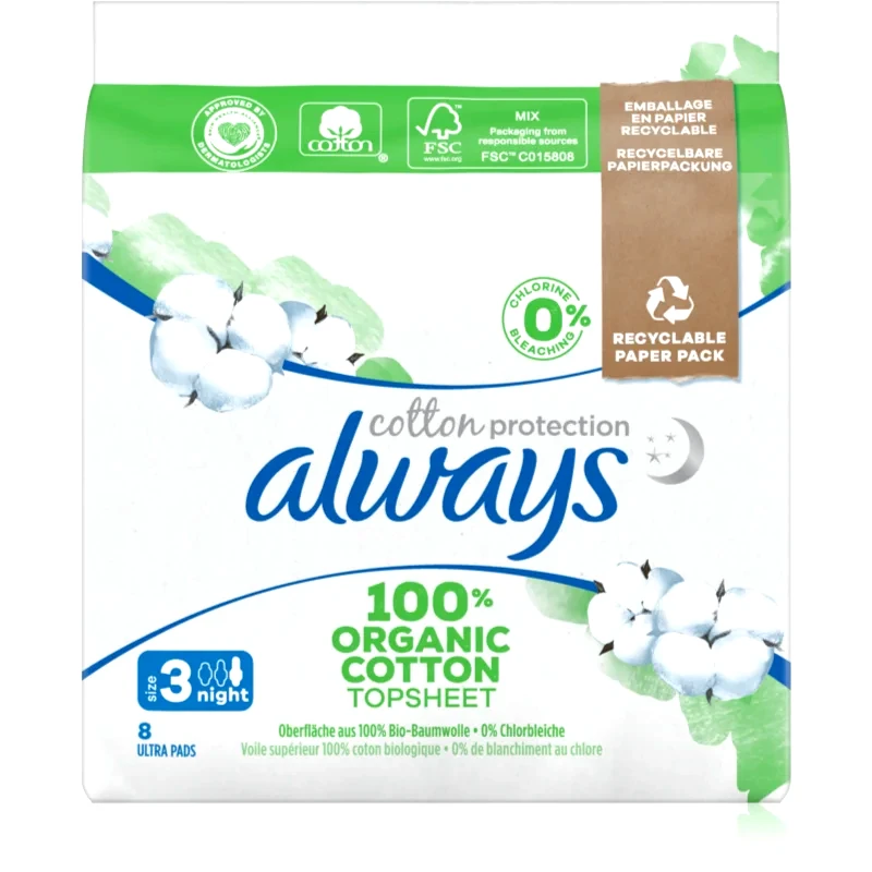 Always Always Cotton Protection Night σερβιέτες χωρίς άρωμα 8 τμχ