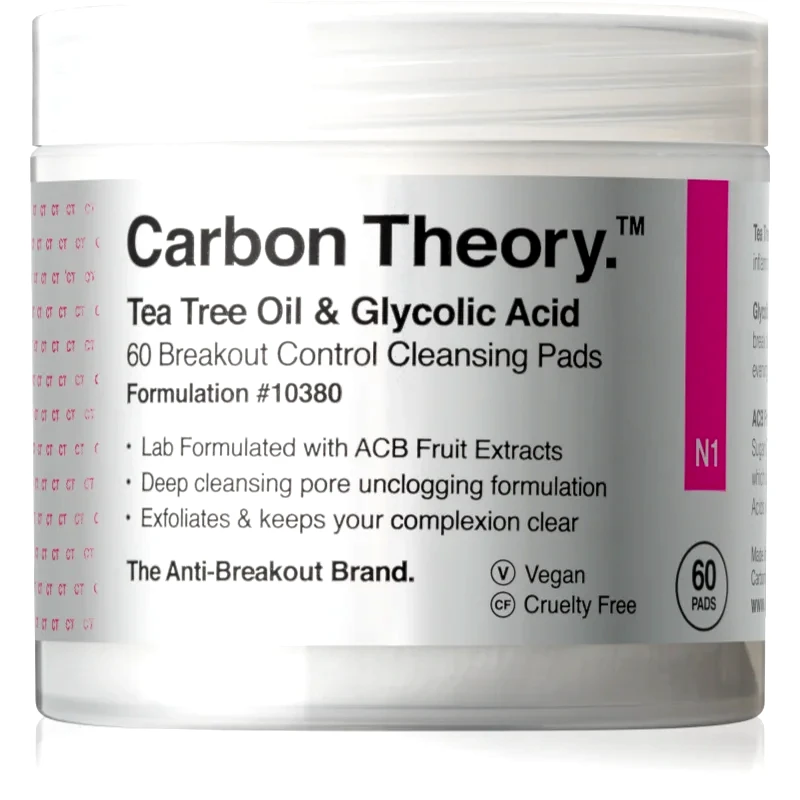 Carbon Theory Carbon Theory Tea Tree Oil & Glycolic Acid επιθέματα καθαρισμού για λαμπρότητα και λείανση επιδερμίδας 60 τμχ